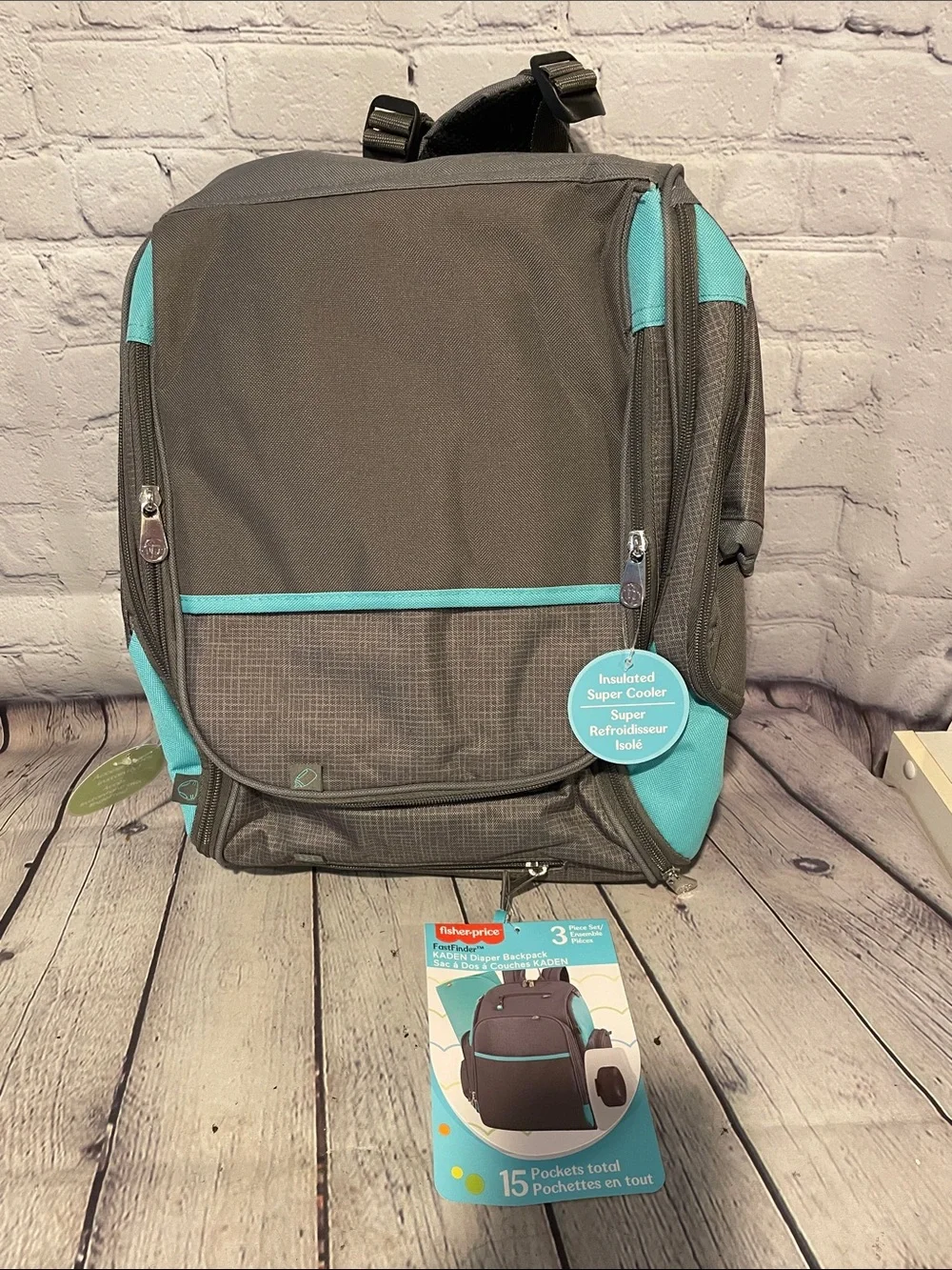 Fisher-Price Kaden Gray and Teal Insulated Cooler Backpack Bag NWT